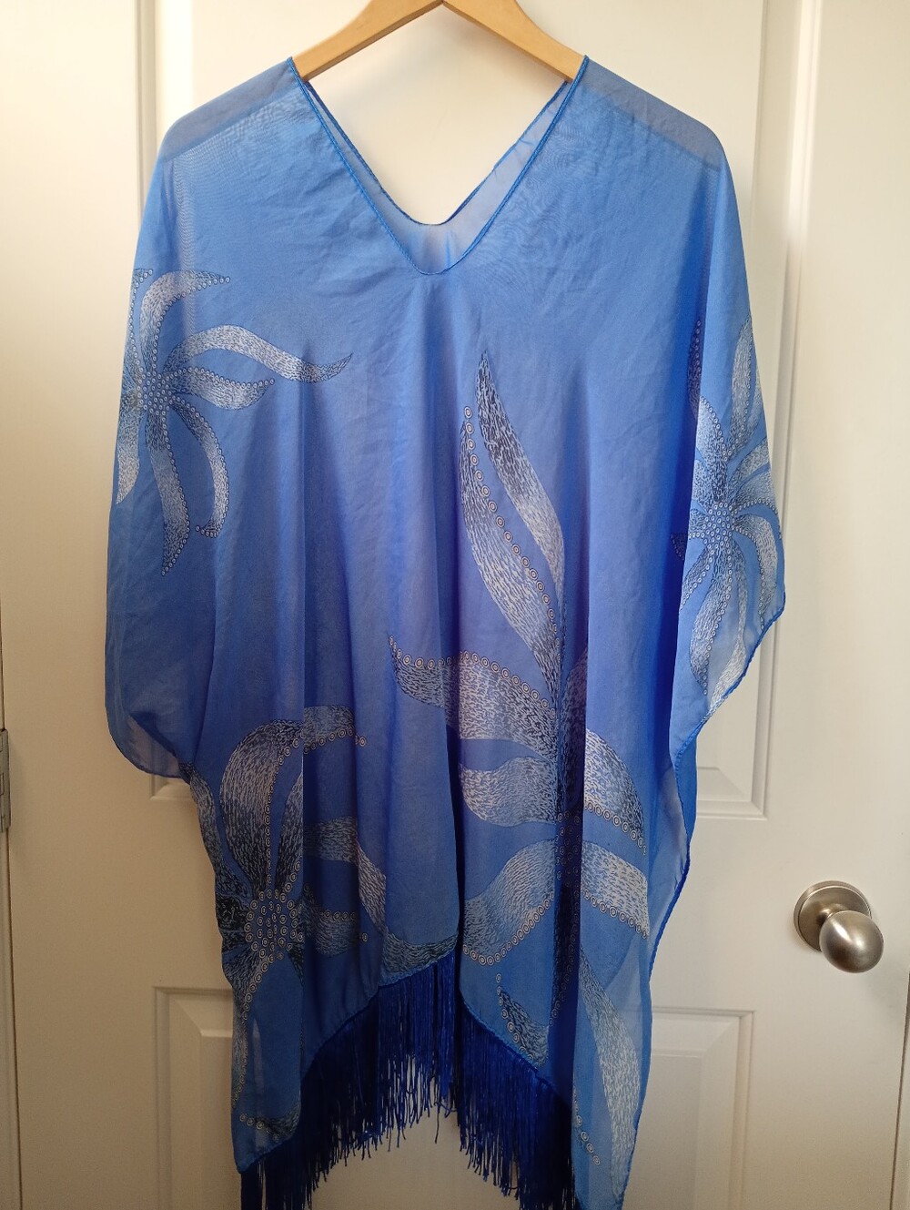 Beachy Vibrant Colbalt Blue Floral Sheer Kaftan Cover-Up - Picture 2 of 7